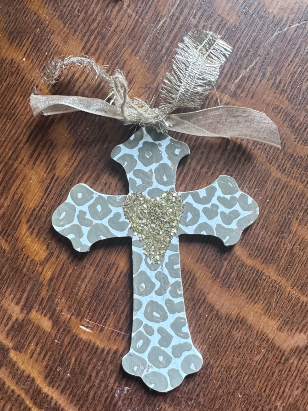 Leopard Print Wood Cross Ornament with Gold Glitter Heart